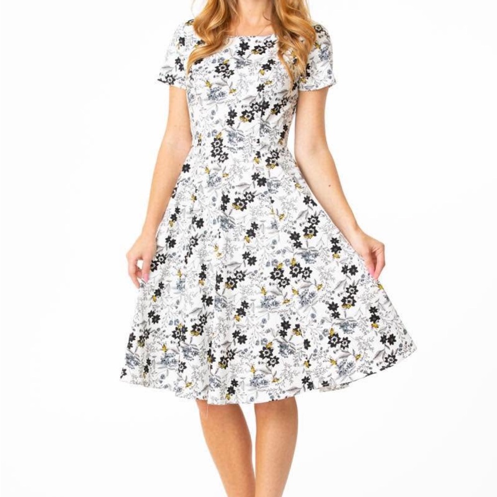 Floral A-Line Dress - White and Black